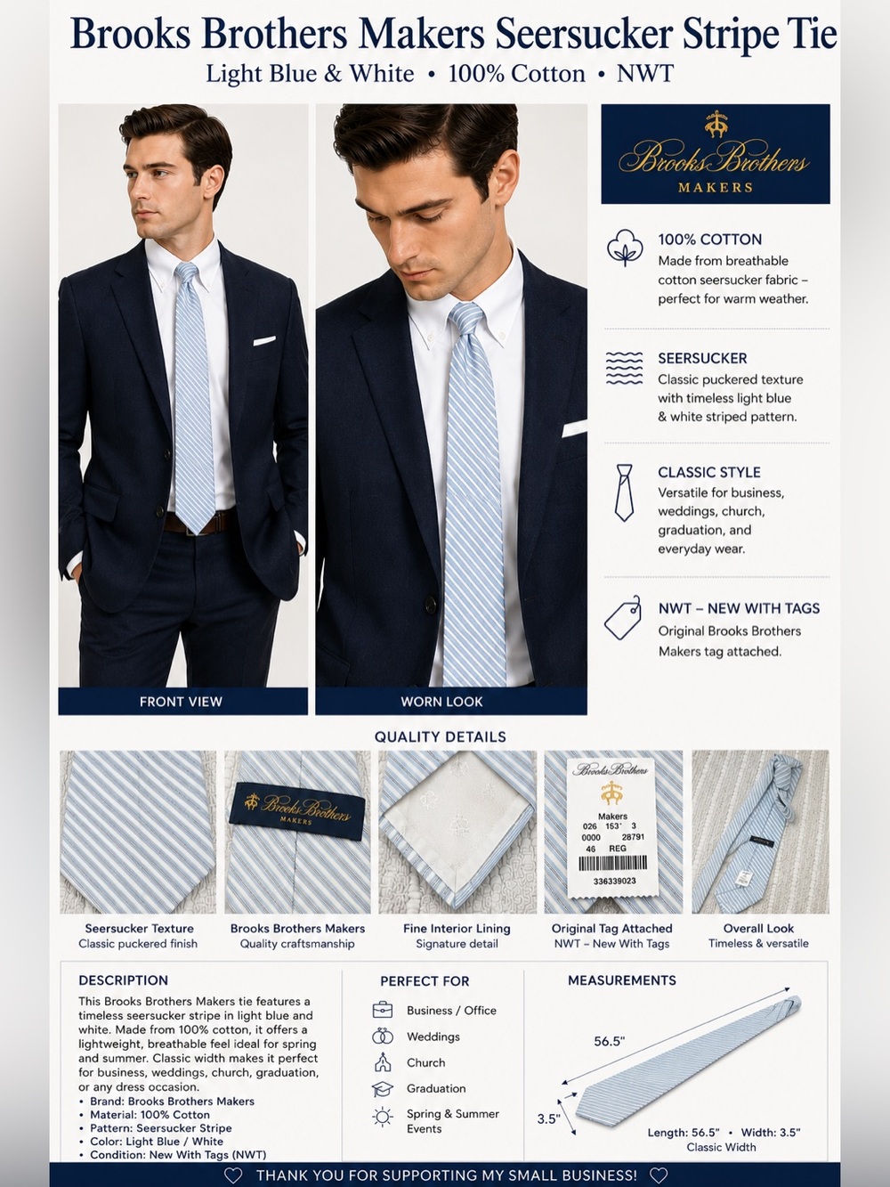 Brooks Brothers Makers Seersucker Stripe Cotton Tie Light Blue White 56.5" x 3.5